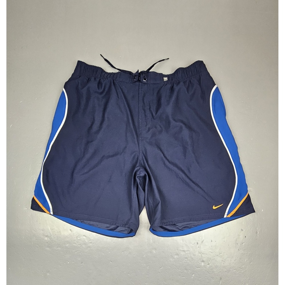 Vintage Nike Swim Trunks Mens 2XL Navy Blue Orange Zip Rear Pocket Drawstring